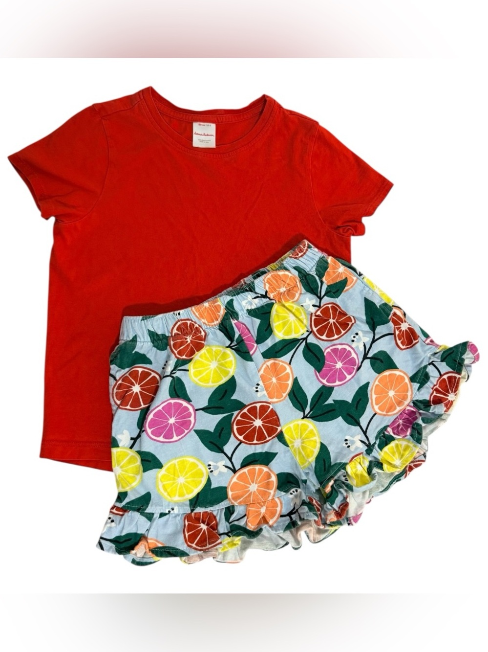 Hanna Andersson Girls Outfit 8 Pima Cotton Tee Citrus Lemon Orange Shorts Set